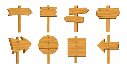 Set wooden banner, sign posts or boards design template. Signboard collection, templates of billboards, rural announcement signs. vector illustration