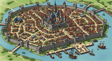 Hand Drawn Fantasy City Map - RPG & Worldbuilding Vector