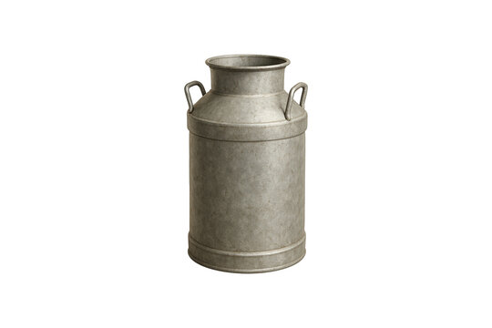 Vintage metal milk can isolated on transparent background, rustic farm container for dairy storage, old-fashioned steel jug used in agriculture and countryside decoration