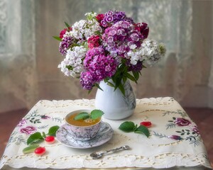 Still life with bouquet of carnations on a tea table