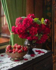 Still life with red roses and strawberry