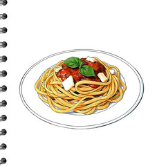 Illustration of a plate of spaghetti with minced meat and parmesan cheese on a transparent background