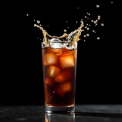Refreshing splash of ice and drink on a dark background