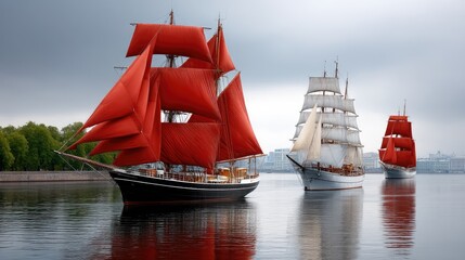 Three sailing ships with vibrant red sails navigate the water in St