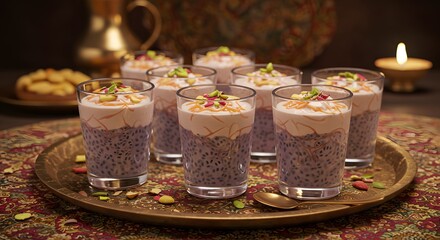 Delicious layered dessert glasses on a tray, festive food photography