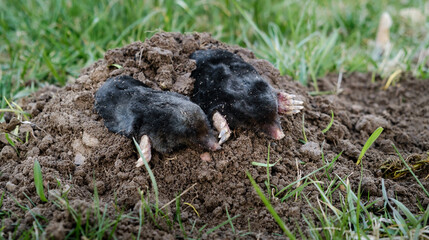 Two mole crawling out of molehill above ground. Strong front paws used for digging runs...