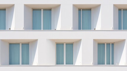 Modern minimalist building facade with symmetrical white-framed windows, light-blue curtains, clean design, serene atmosphere, and sunlight casting crisp shadows.