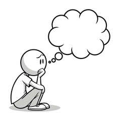 High-quality 3D vector of a white character sitting thoughtfully, chin in hand, gazing at a blank thought bubble. Ideal for ideas, reflection, planning, or imagination concepts..eps