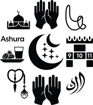  Muharram Ashura 9-10 or 10-11 Muharram Fasting. Solid black vector pictograms featuring symbolic elements such as prayer hands, fasting plate with dates and water glass, crescent moon, Islamic calend