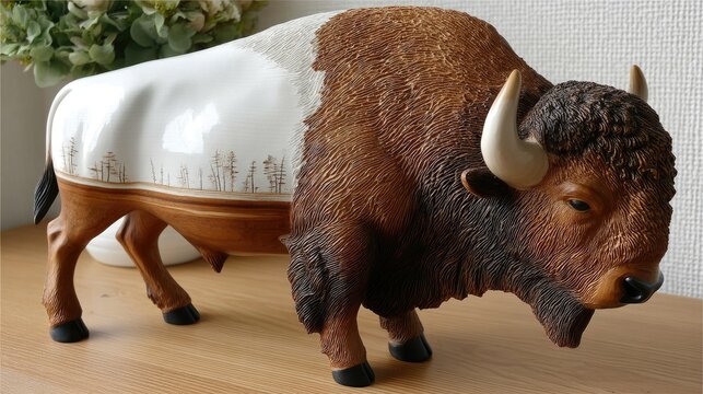 Abstract bison sculpture featuring a rough texture and white glaze, displayed on wooden surface in studio with natural lighting