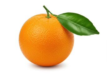 Single orange with stem and leaf against a white background