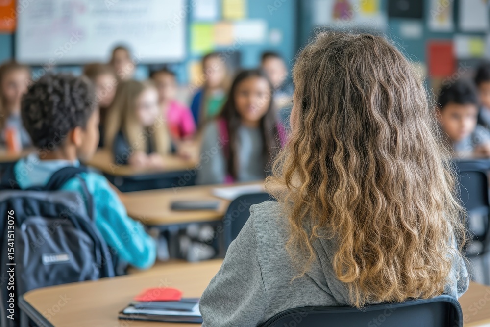 Poster classroom with engaged students listening to a speaker during a learning session in a modern educati