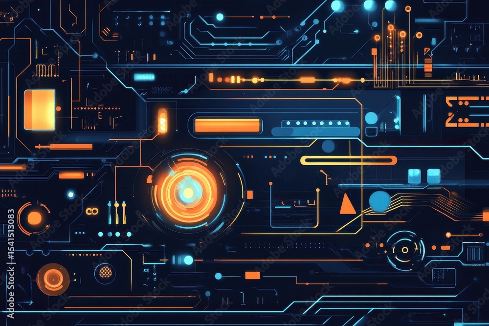 Poster bright abstract digital circuit board design showcasing intricate patterns and glowing elements in v