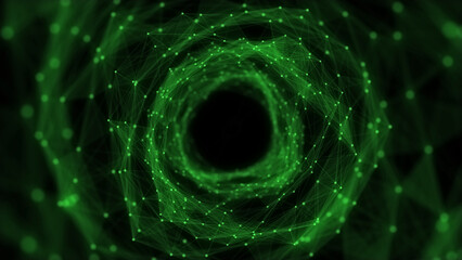 Cyber tunnel consisting of moving glowing points. Futuristic infinite space background. Concept of data transfer in cyberspace. Hi-tech illustration. 3d rendering.