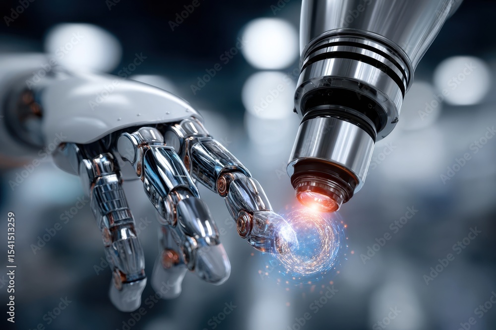 Poster robotic hand and precision tool interact in a futuristic laboratory setting