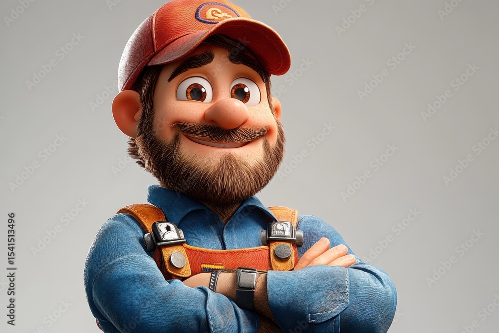 Poster cartoon character with a friendly expression poses confidently against a simple background
