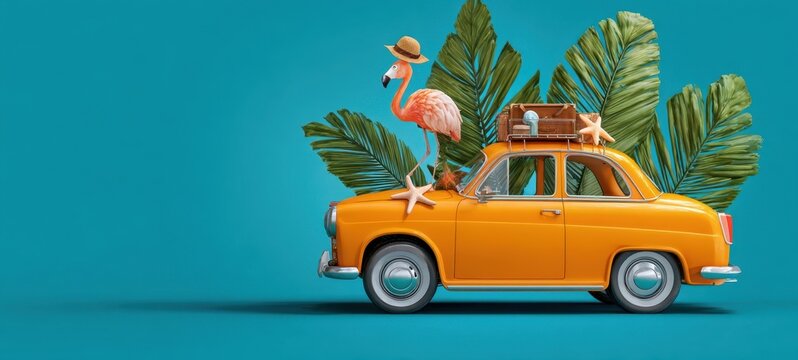 The colorful car with a flamingo and palm leaves capturing summer vibes.