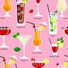 seamless pattern of popular cocktails in glasses of different shapes, each cocktail is signed. background and wallpaper with alcoholic beverages. stock vector illustration. EPS 10.