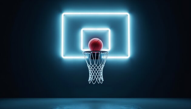 Neon basketball hoop with a ball completing a shot in a dark setting illuminated by bright lights - Powered by Adobe