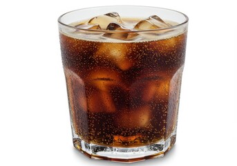 Refreshing cola beverage with ice cubes in a glass on white background, close up