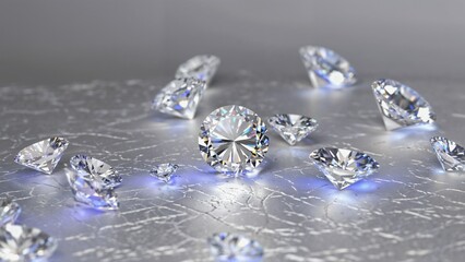 Diamonds scattered on a shimmering surface with soft blue lighting accents during a creative display