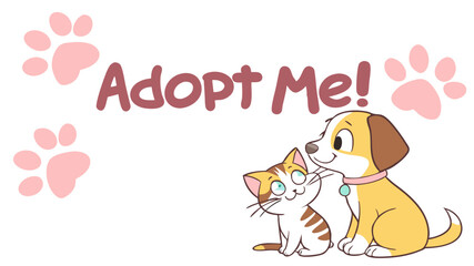 Cartoon illustration of a dog and cat next to adopt me text with paw prints on a white background image