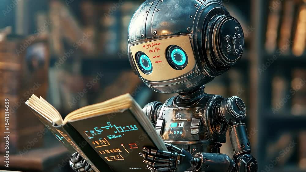 Poster robot child engages in reading a book in an educational setting filled with bookshelves, robot child