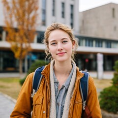 Fototapeta premium Young beautiful student woman wearing backpack near the university, looking at camera smiling.