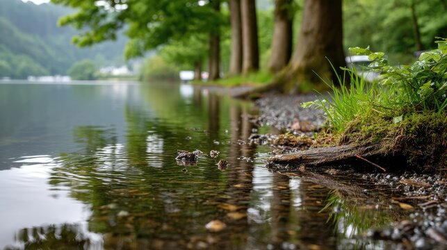 Raindrops create ripples on a serene lake surface, reflecting autumn trees during golden hour with a soft, blurred backdrop. - Powered by Adobe