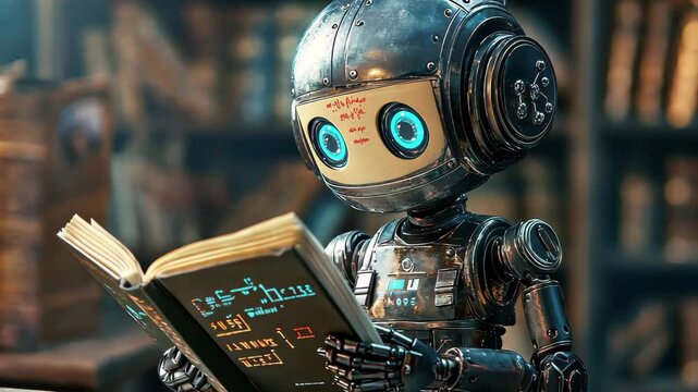 Robot child engages in reading a book in an educational setting filled with bookshelves, Robot child reading a book, Robot education a book