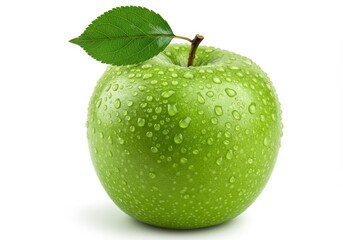 Fresh granny smith apple with water droplets, isolated on white background