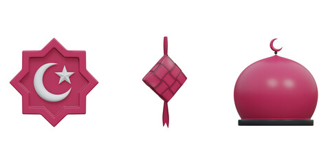 3d Eid al Fitr icon set with ketupat and mosque dome