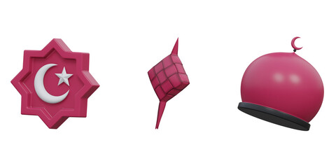 3d Eid al Fitr icon set with ketupat and mosque dome