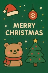 Fototapeta premium Festive Bear Christmas Card: A heartwarming Christmas card featuring a cheerful bear, a festive ornament, and a cozy Santa hat.