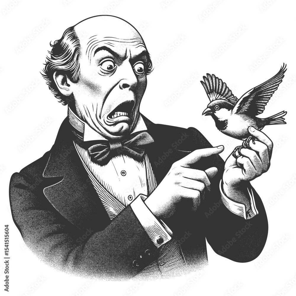Aufkleber funny surprised victorian gentleman reacting dramatically to a bird taking flight from his hand sket