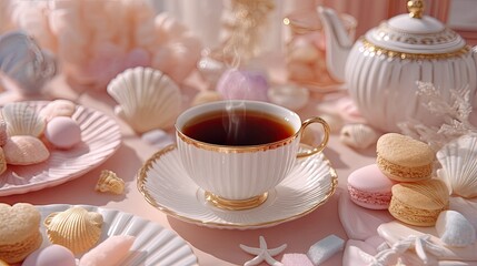 Steaming tea sits in an elegant cup with seashells and starfish sugar candies arranged nearby in a charming setting