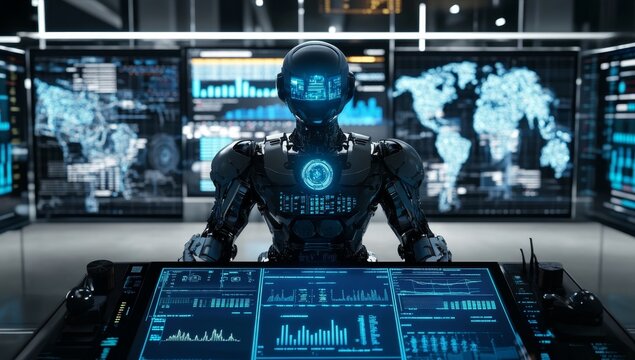 A futuristic robot in black and blue is sitting at the control panel of an AI system, surrounded by holographic maps showing global data and digital charts with graphs - Powered by Adobe