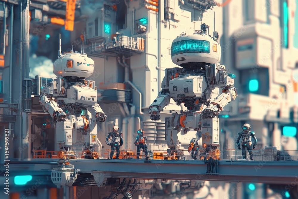Poster futuristic robots and astronauts working together in a high-tech city environment