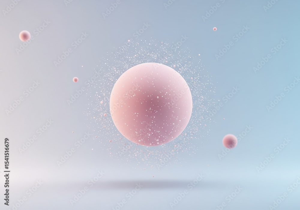Poster pink sphere with particles floating in a blue gradient background, abstract design