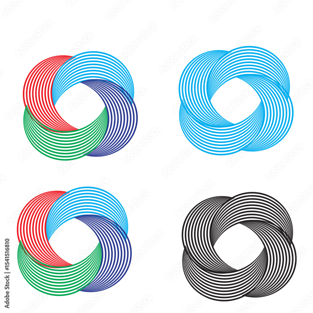 Poster abstract geometric design featuring four interlocking circular shapes in various color combinations 