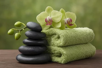 Printed roller blinds Still life featuring a stack of black stones green orchids  towels on a wooden surface against a blurred green background