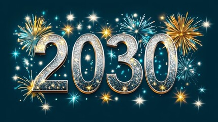 Sparkling 2030 New Year Celebration Banner Silver Text with Gold and Blue Fireworks on Teal