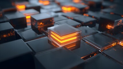 Abstract representation of glowing cubes arranged in a futuristic pattern with a dark background