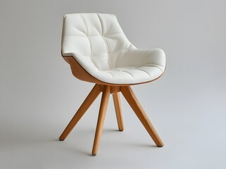 White leather and wood chair or armchair. Interior design concept. Isolated object on grey background