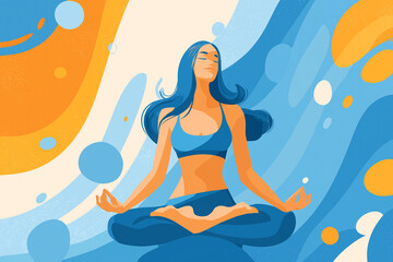 A woman meditates in a lotus position, eyes closed peacefully.  She is dressed in blue athletic wear and sits against a colorful abstract background of blues and oranges.
