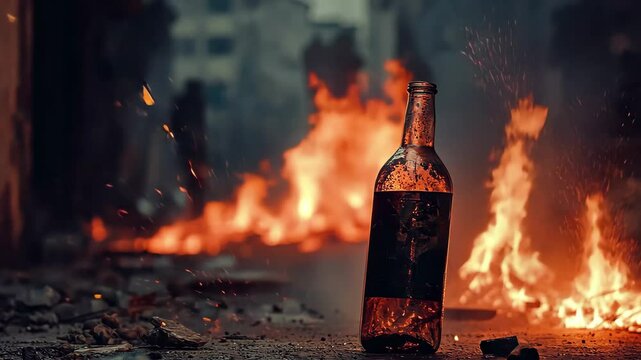 Molotov cocktails thrown in urban war zone create chaos and destruction, Molotov Cocktails Thrown In War Zone