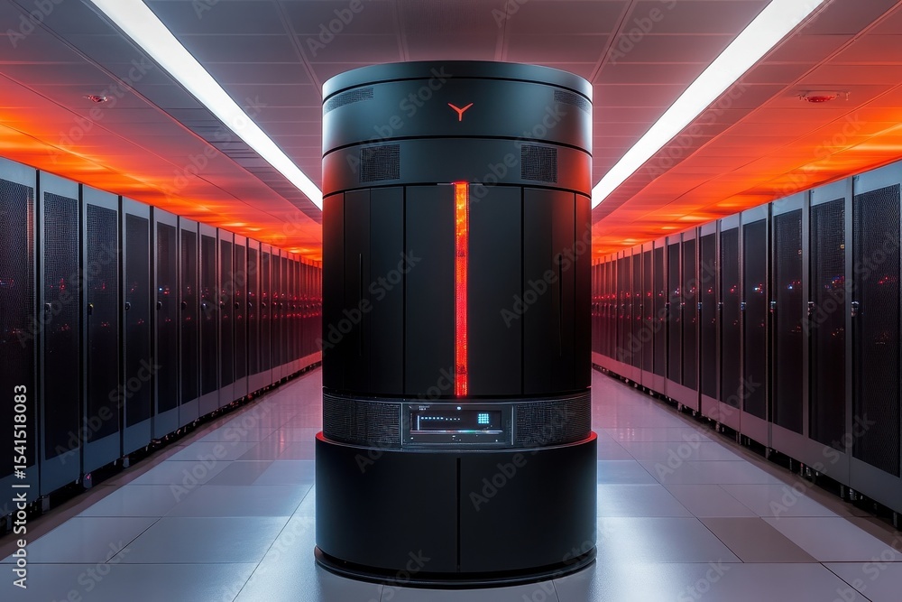 Poster high-tech server room featuring advanced computer system with glowing lights