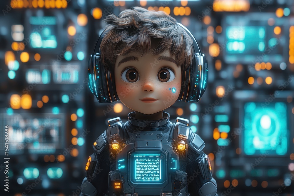 Poster young robot character with headphones in a futuristic setting