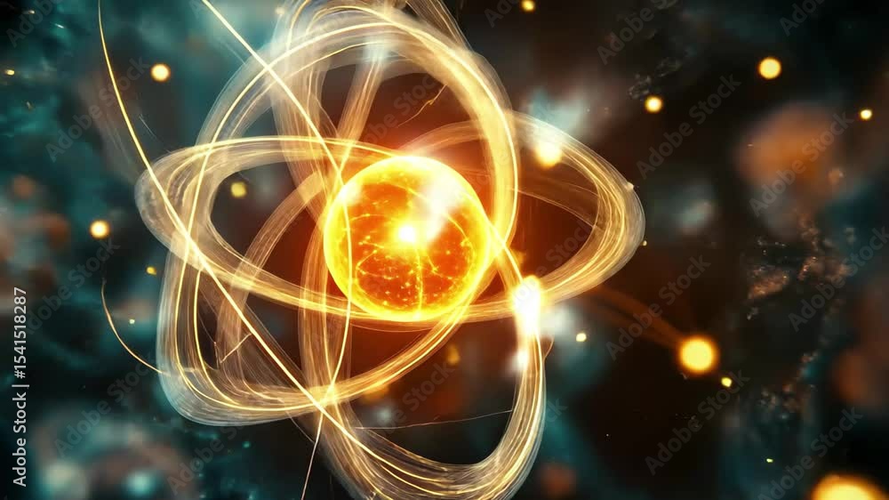 Poster visual representation of atomic structure with luminous particles swirling in motion, glowing atomic