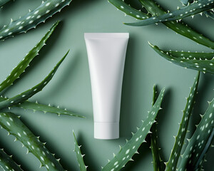 Cream tube lies on green background with aloe vera. Eco mockup of herbal cosmetics with natural ingredients. Flat lay of white plastic packaging, soft studio light